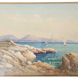 "Sailboats on a mountain lake," gouache on paper, framed and signed, 1917