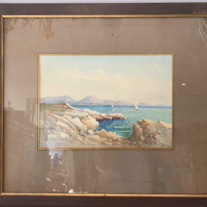 "Sailboats on a mountain lake," gouache on paper, framed and signed, 1917