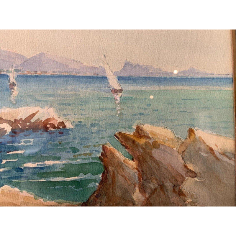 « Voiliers sur lac de montagne » gouache sur papier, encadrée et signée, 1917