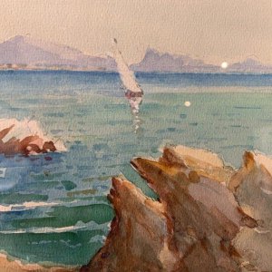 "Zeilboten op een bergmeer," gouache op papier, ingelijst en gesigneerd, 1917