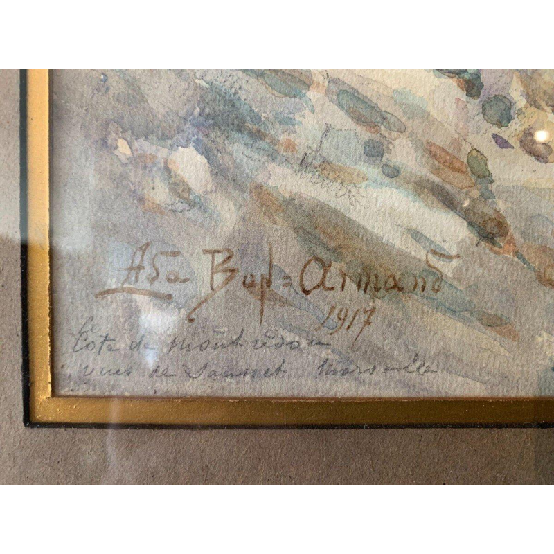 "Sailboats on a mountain lake," gouache on paper, framed and signed, 1917