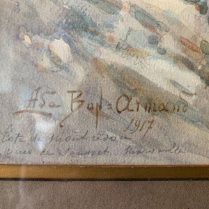 "Zeilboten op een bergmeer," gouache op papier, ingelijst en gesigneerd, 1917