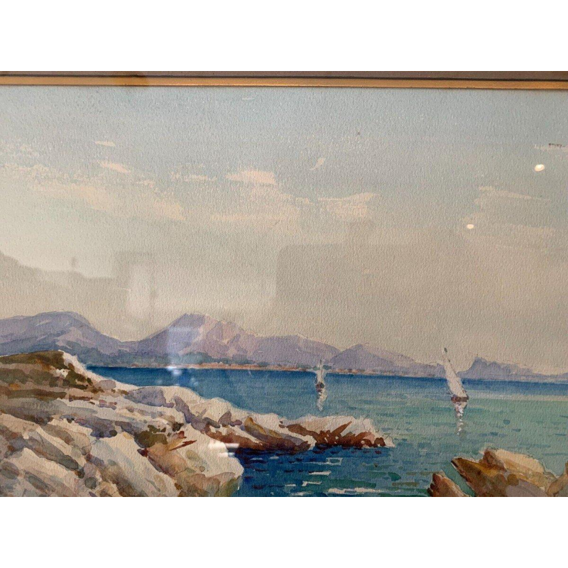 "Sailboats on a mountain lake," gouache on paper, framed and signed, 1917