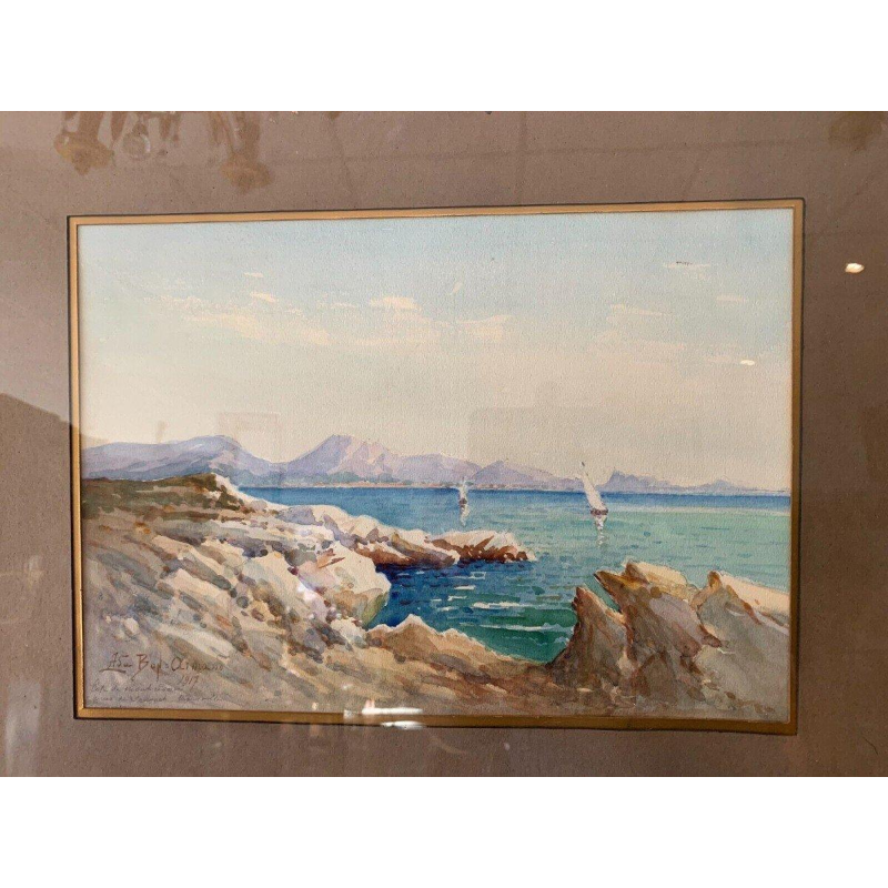 « Voiliers sur lac de montagne » gouache sur papier, encadrée et signée, 1917