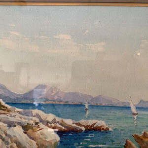 "Sailboats on a mountain lake," gouache on paper, framed and signed, 1917