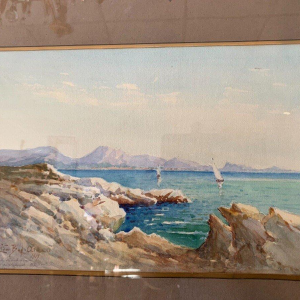 "Sailboats on a mountain lake," gouache on paper, framed and signed, 1917