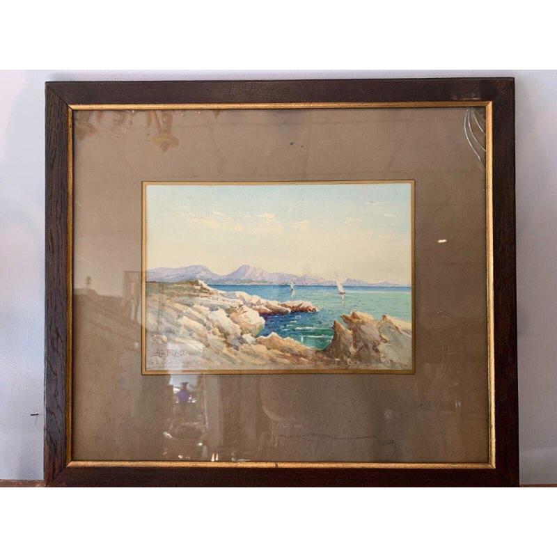 « Voiliers sur lac de montagne » gouache sur papier, encadrée et signée, 1917