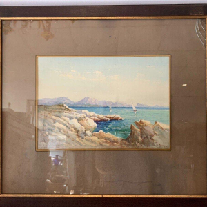 "Sailboats on a mountain lake," gouache on paper, framed and signed, 1917