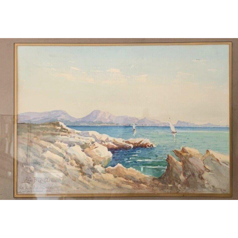 "Sailboats on a mountain lake," gouache on paper, framed and signed, 1917