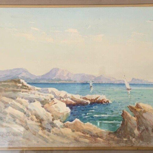 « Voiliers sur lac de montagne » gouache sur papier, encadrée et signée, 1917