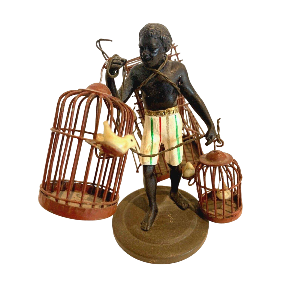 "The Birdcage Carrier," miniature bronze sculpture, 20th century