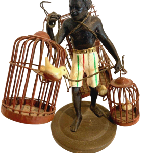 "The Birdcage Carrier," miniature bronze sculpture, 20th century