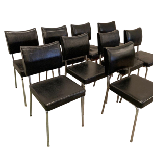 Set of eight vintage chrome and imitation leather chairs – 20th century
