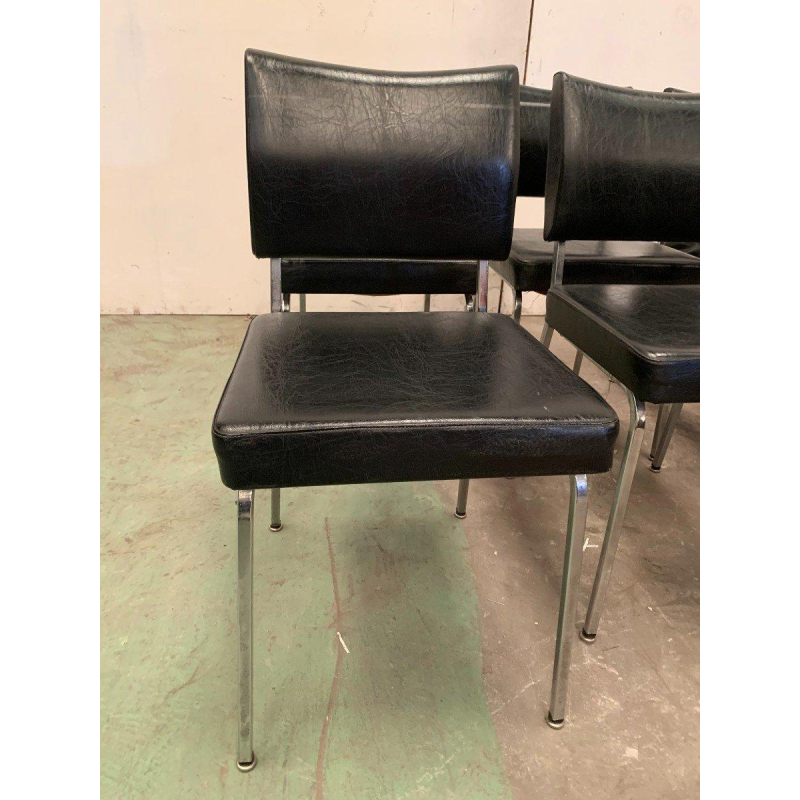 Set of eight vintage chrome and imitation leather chairs – 20th century