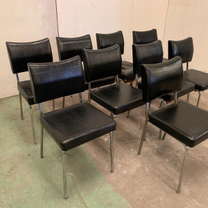 Set of eight vintage chrome and imitation leather chairs – 20th century