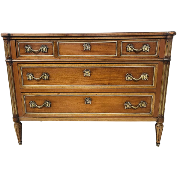 Louis XVI style mahogany commode, rounded uprights, three drawers in the front, mid-19th century
