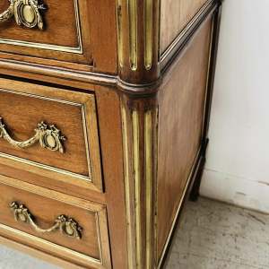 Louis XVI style mahogany commode, rounded uprights, three drawers in the front, mid-19th century