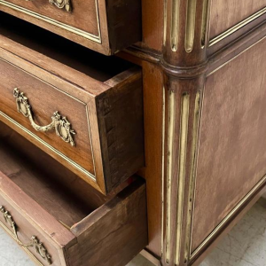 Louis XVI style mahogany commode, rounded uprights, three drawers in the front, mid-19th century