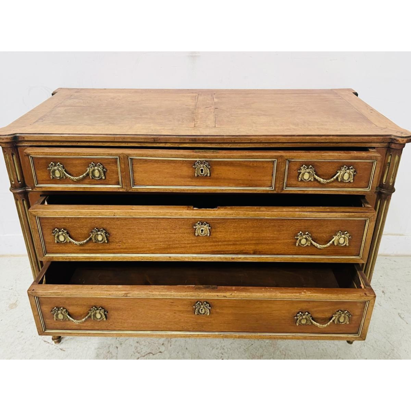 Louis XVI style mahogany commode, rounded uprights, three drawers in the front, mid-19th century