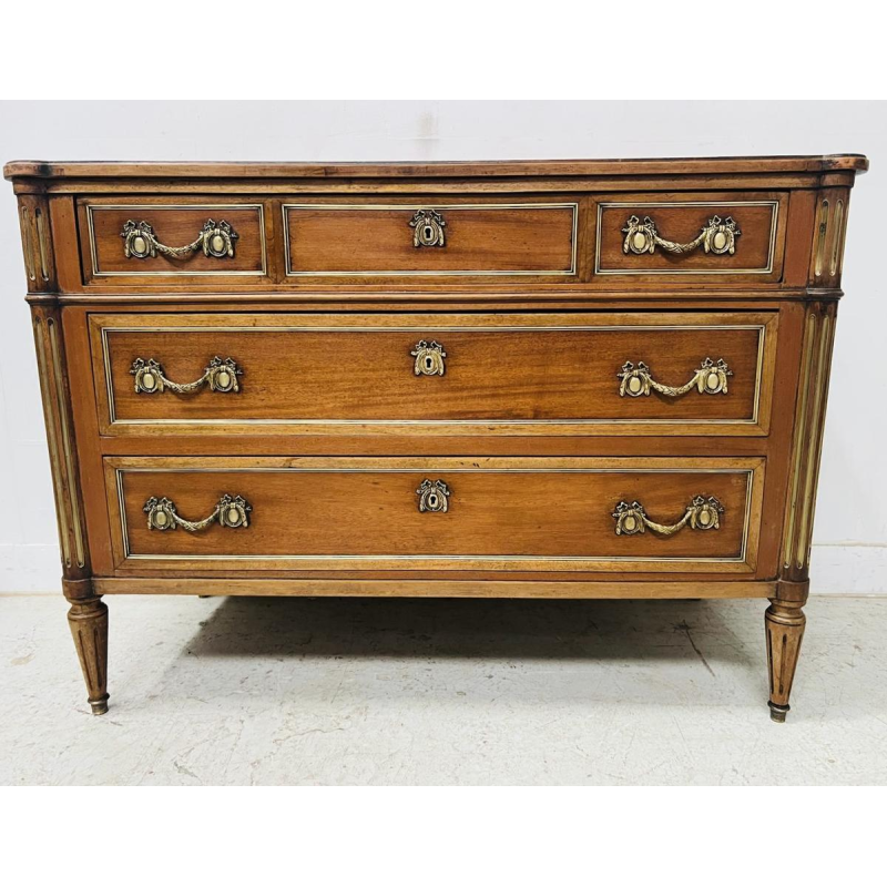 Louis XVI style mahogany commode, rounded uprights, three drawers in the front, mid-19th century