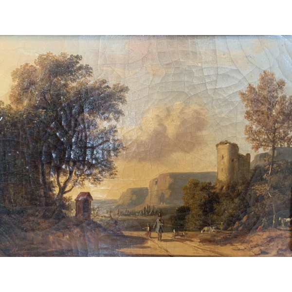 Dutch School "Lively Landscape, Shepherd and Flock" oil on canvas, 19th century