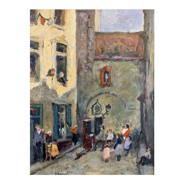 Albert DANDOY « La rue des bouchers à Namur 1950 » peinture huile sur cuivre
