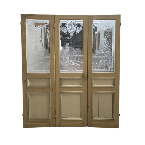 Set of three wooden and engraved glass partition doors, "La Fontaine" decoration – Early 20th century