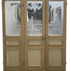 Set of three wooden and engraved glass partition doors, "La Fontaine" decoration – Early 20th century