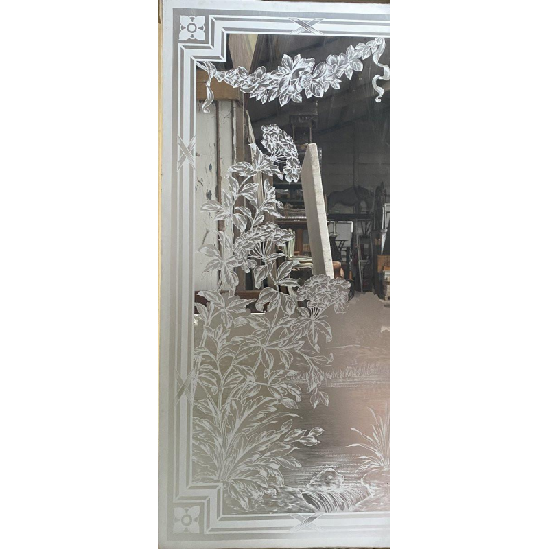 Set van drie houten scheidingsdeuren met gegraveerd glas, decoratie "La Fontaine" – begin 20e eeuw