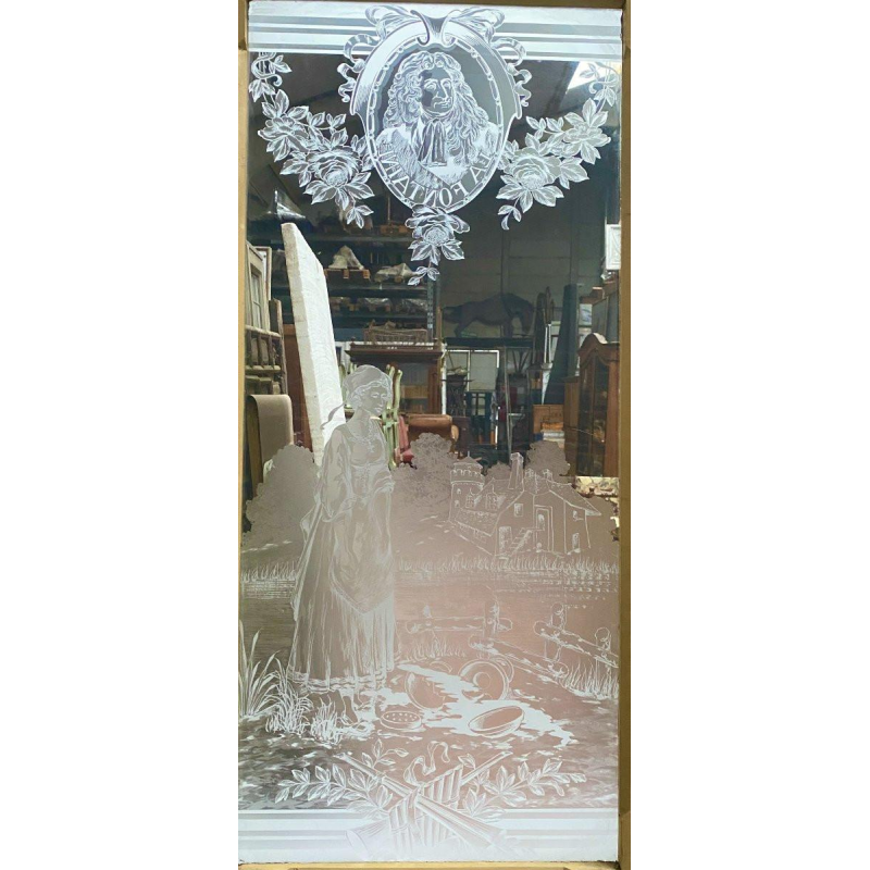 Set van drie houten scheidingsdeuren met gegraveerd glas, decoratie "La Fontaine" – begin 20e eeuw