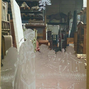 Set van drie houten scheidingsdeuren met gegraveerd glas, decoratie "La Fontaine" – begin 20e eeuw