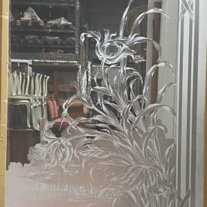 Set of three wooden and engraved glass partition doors, "La Fontaine" decoration – Early 20th century