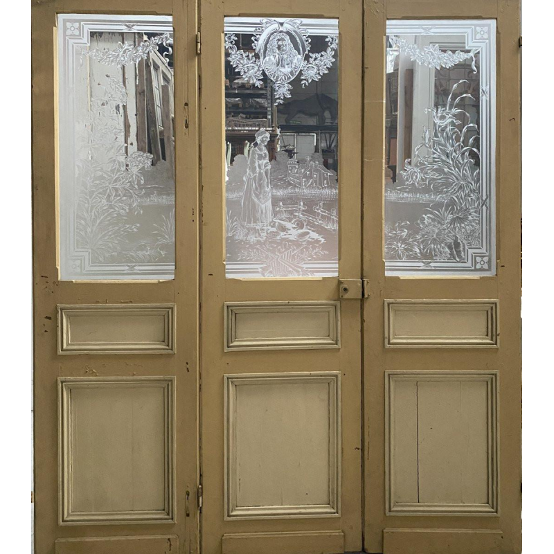 Set of three wooden and engraved glass partition doors, "La Fontaine" decoration – Early 20th century