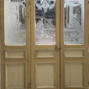 Set of three wooden and engraved glass partition doors, "La Fontaine" decoration – Early 20th century