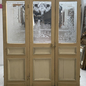 Set van drie houten scheidingsdeuren met gegraveerd glas, decoratie "La Fontaine" – begin 20e eeuw