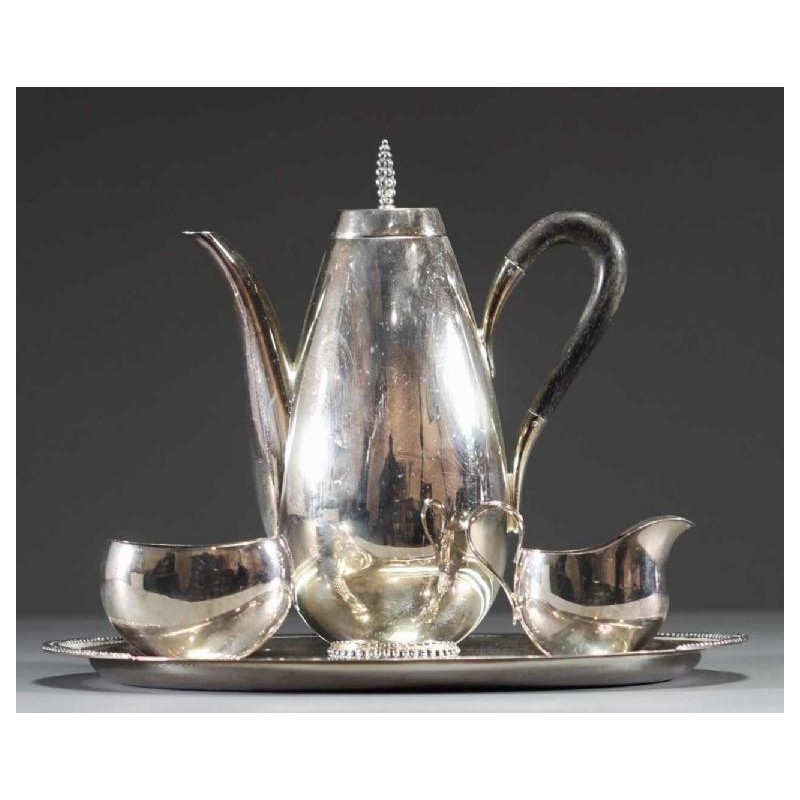 Jakob Grimminger, Art Deco zilveren thee / koffieservies, tête-à-tête, Duits ontwerp, begin 20e eeuw