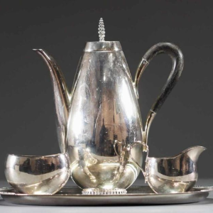 Jakob Grimminger, Art Deco zilveren thee / koffieservies, tête-à-tête, Duits ontwerp, begin 20e eeuw