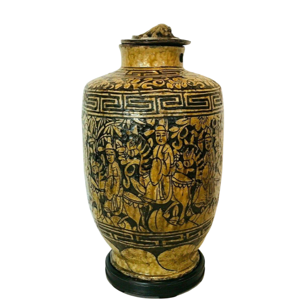 Covered vase in crackled earthenware, chinoiserie decoration of figures, horse and salamander – 19th century