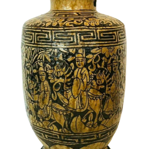 Vase couvert en faïence craquelée, décor chinoisant de personnages, cheval et salamandre – XIXᵉ siècle