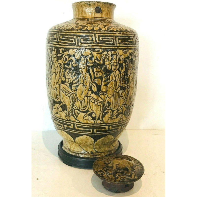 Vaas met deksel van gebarsten aardewerk, versierd met chinoiserie-figuren, een paard en een salamander – 19e eeuw