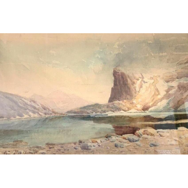 Framed gouache painting "Mountain Landscape" – 20th century