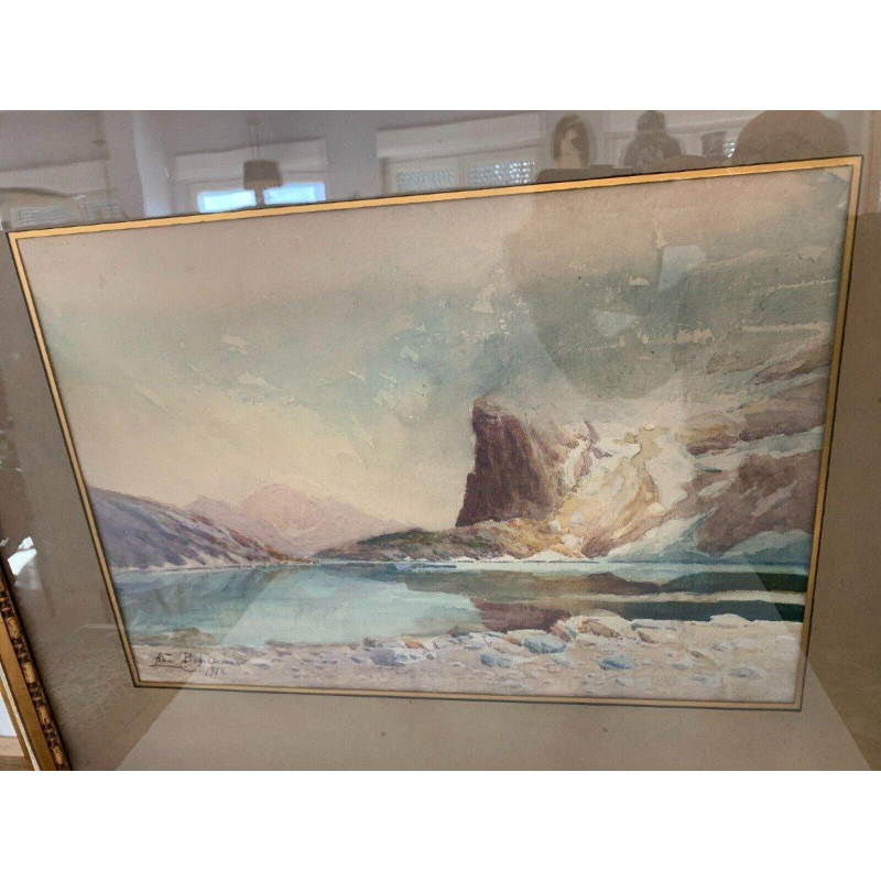 Framed gouache painting "Mountain Landscape" – 20th century