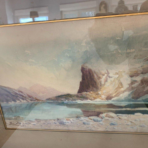 Ingelijst gouache schilderij "Berglandschap" – 20e eeuw