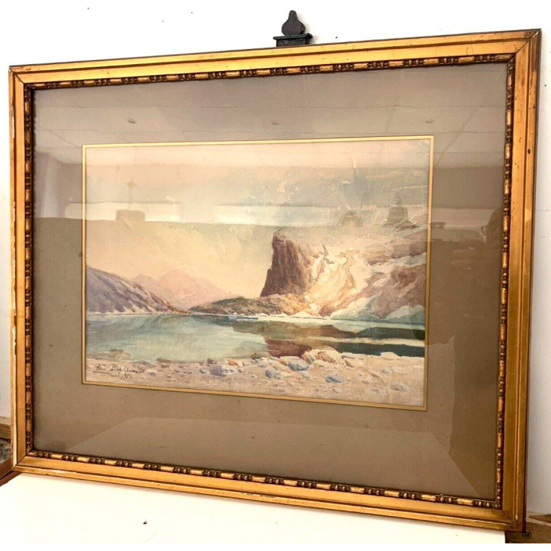 Framed gouache painting "Mountain Landscape" – 20th century