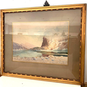 Ingelijst gouache schilderij "Berglandschap" – 20e eeuw