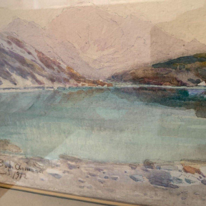 Ingelijst gouache schilderij "Berglandschap" – 20e eeuw