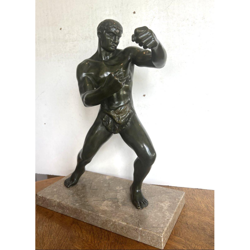Bronzen sculptuur "De Bokser" met bruin/groene patina – 20e eeuw