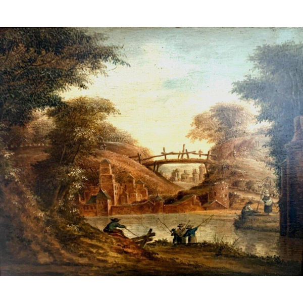 Huile sur panneau de chêne « Paysage animé » – XIXᵉ siècle