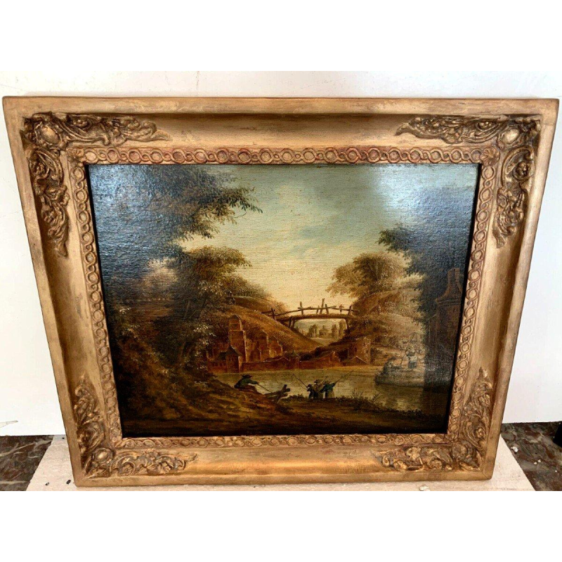 Huile sur panneau de chêne « Paysage animé » – XIXᵉ siècle