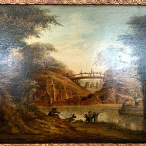 Huile sur panneau de chêne « Paysage animé » – XIXᵉ siècle